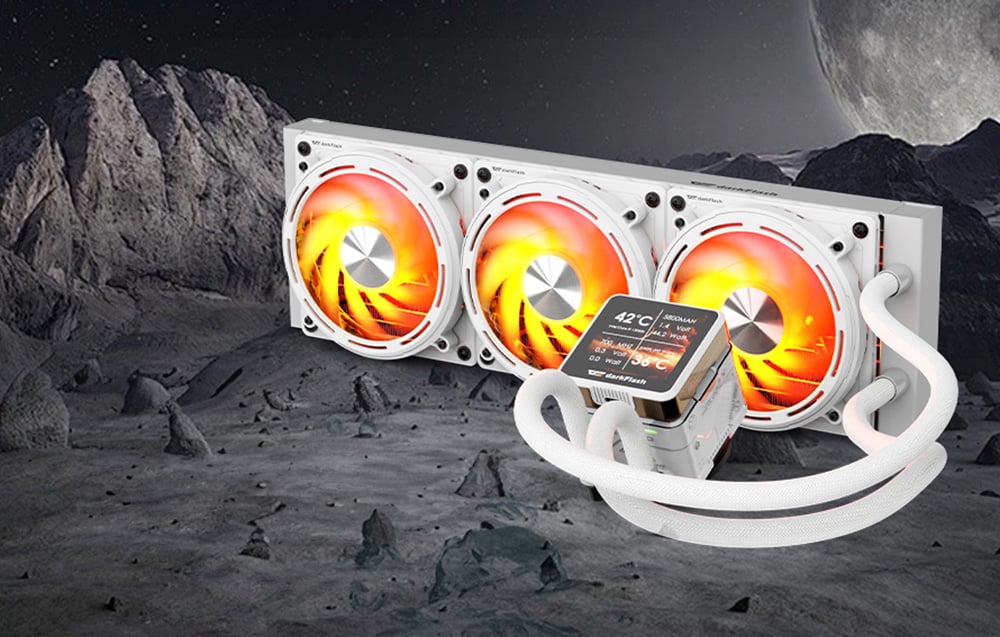 White watercooling for processor with rock and moon background display