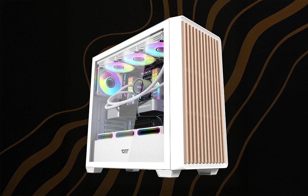 White computer case with fans on a dark background
