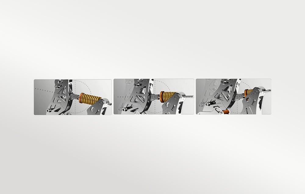 Three images showing the spring angle adjustment on a PXN simulator pedal against a light background