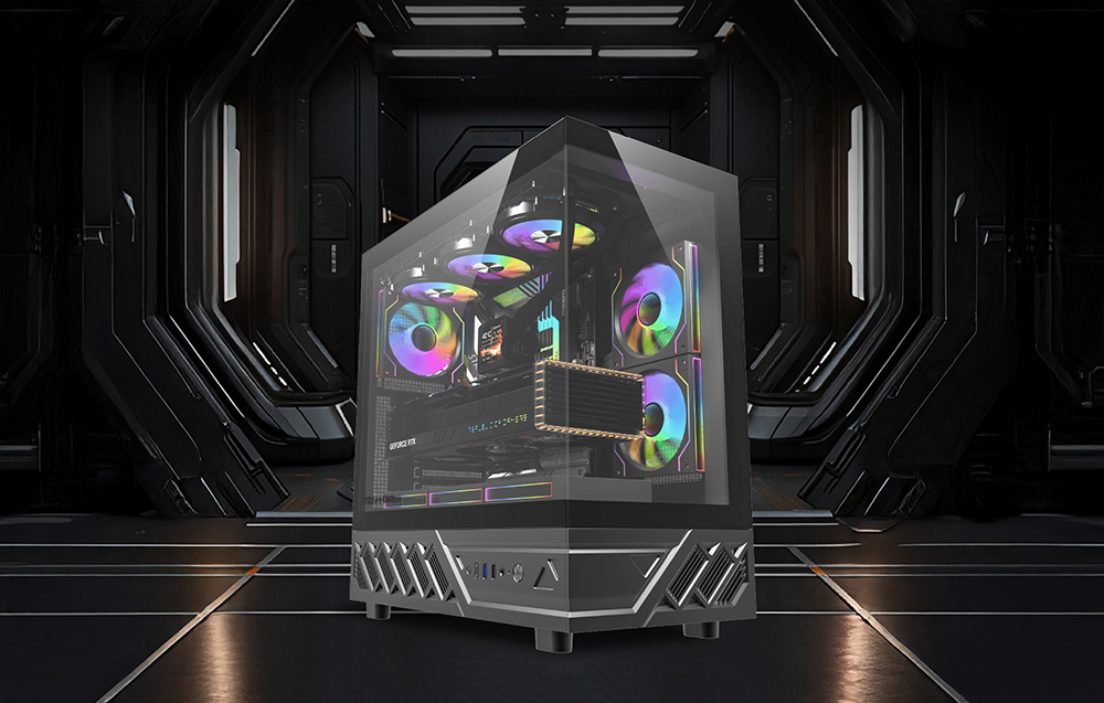 Black PC case with RGB fans in a futuristic dark hallway