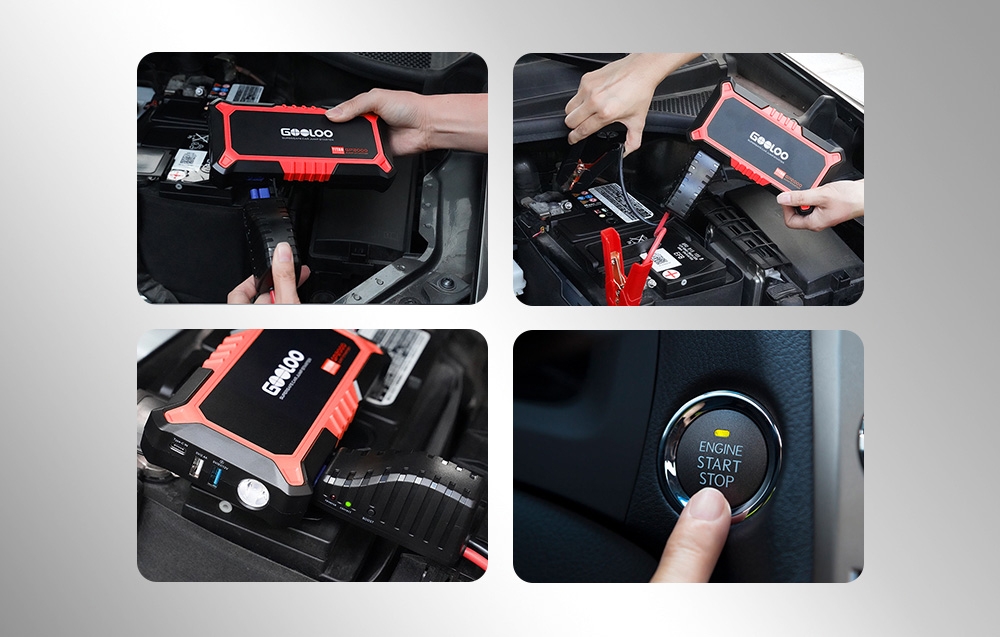 Instructions for using a car jump starter shown in four steps