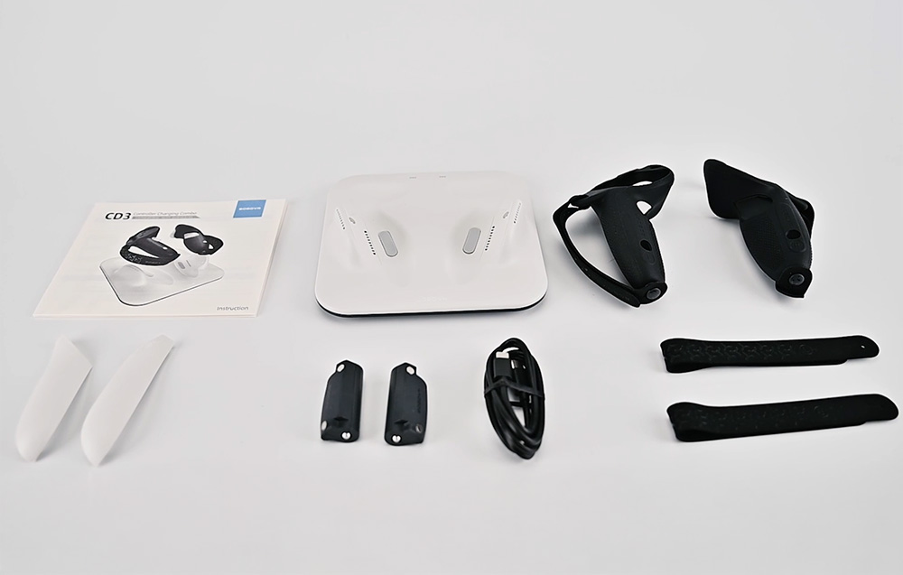 Complete BoboVR CD3 set with manual, station, controllers, cable, and accessories