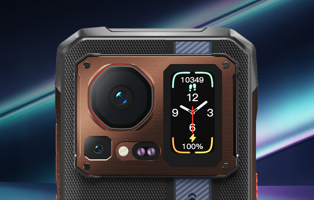Close-up of the rear panel of the smartphone with a large camera lens and an active color auxiliary display.