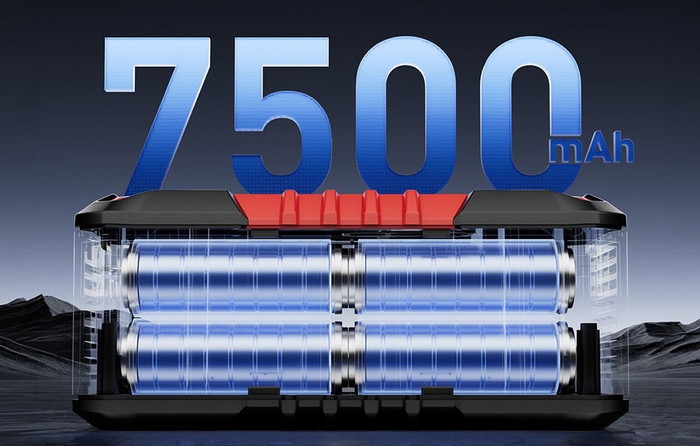 Cross-section of the device showing a 7500 mAh battery