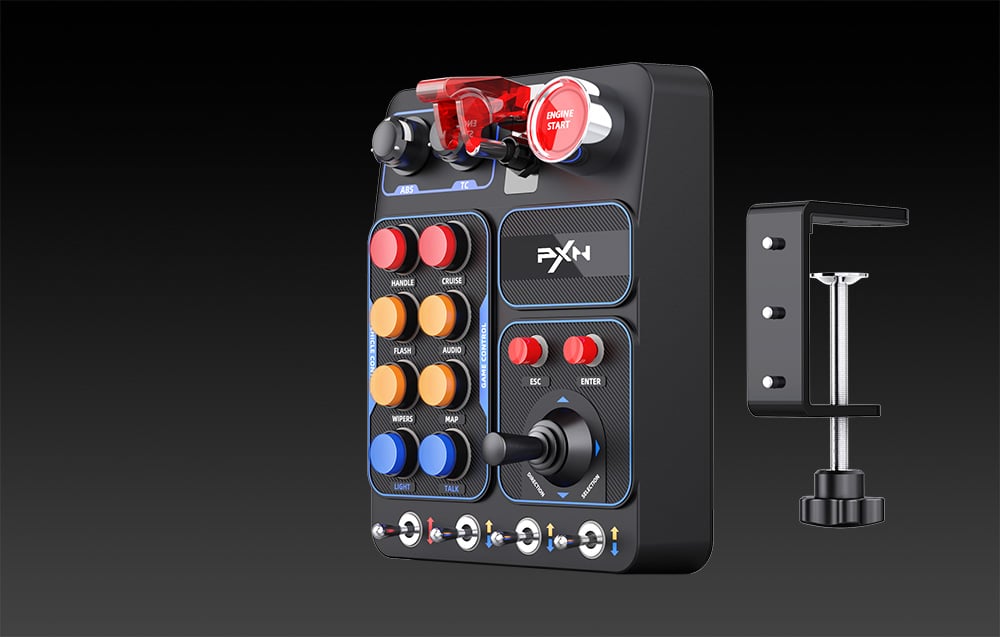 PXN pushbutton panel along with kit components on black background.