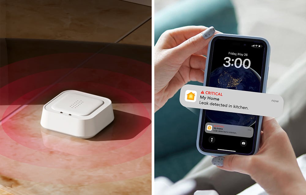 MEROSS Smart Water Leak Sensor on the floor; on the right, a smartphone held in the hand displaying a notification