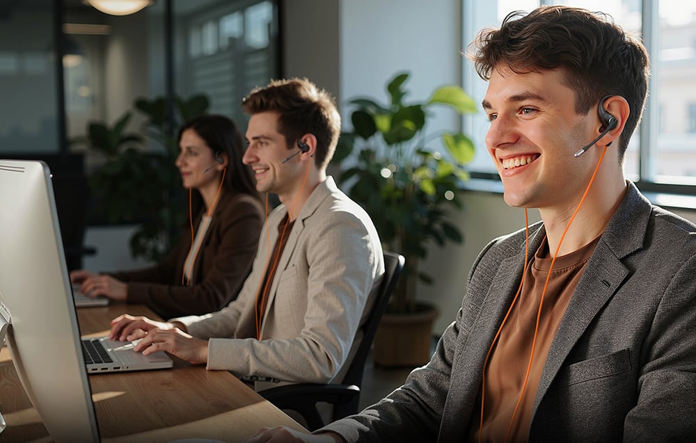 Three office workers at computers, all wearing headphones with microphone