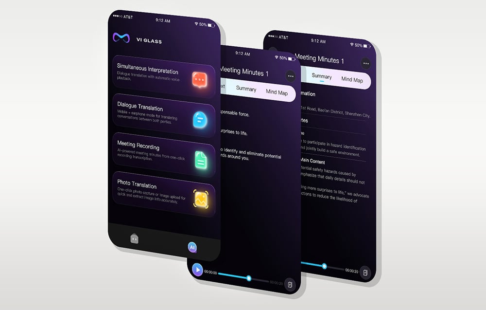 Three smartphone screens displaying the app interface with translation and meeting recording features.