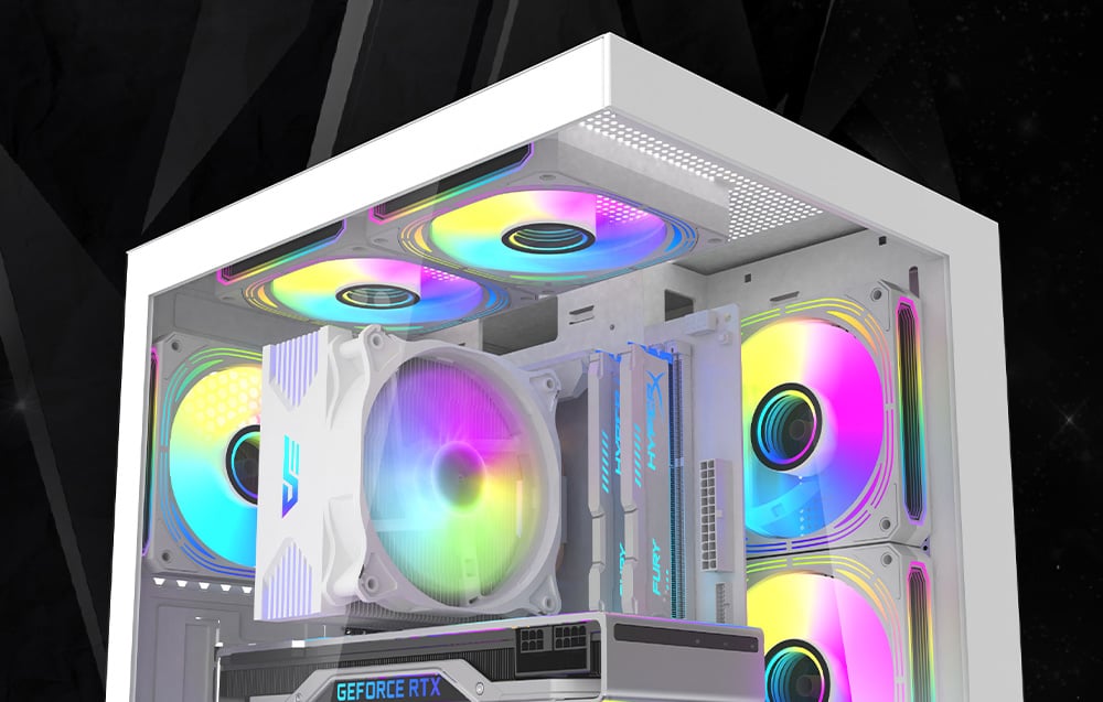 A close-up of the interior of the Darkflash C275P computer case.