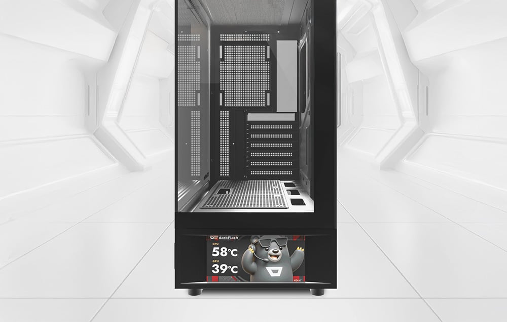Front view of an empty black case with a screen on a light background