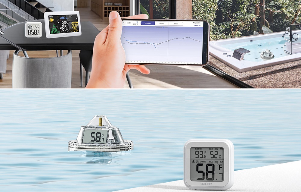 Two ways to read data from the pool thermometer—using the indoor receiver and the app