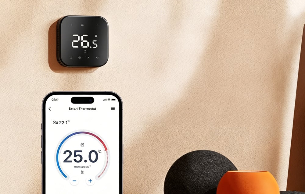 Smartphone with the device control app open, with the thermostat and voice assistants on a wooden dresser in the background