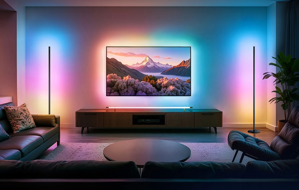 A bright living room with a TV surrounded by colorful lighting from floor lamps and a long light strip.