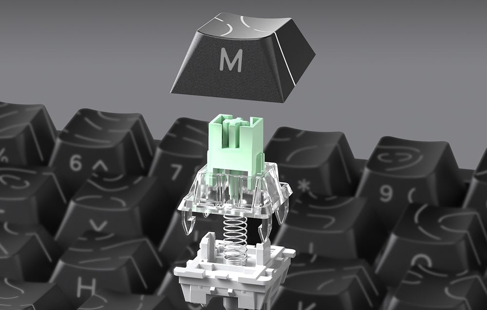 Cross-section of the keyboard's mechanical switch with internal components visible