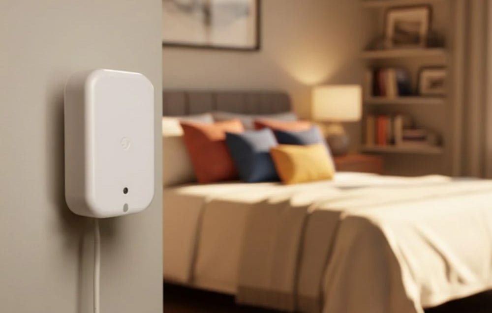 A white, rectangular electronic device mounted on a gray wall in the bedroom, with a power cord