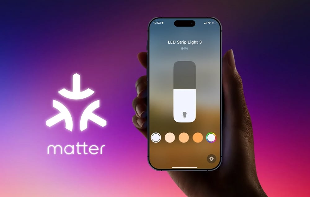 Smartphone with LED Strip Light 3 app and Matter logo on a gradient purple-pink background