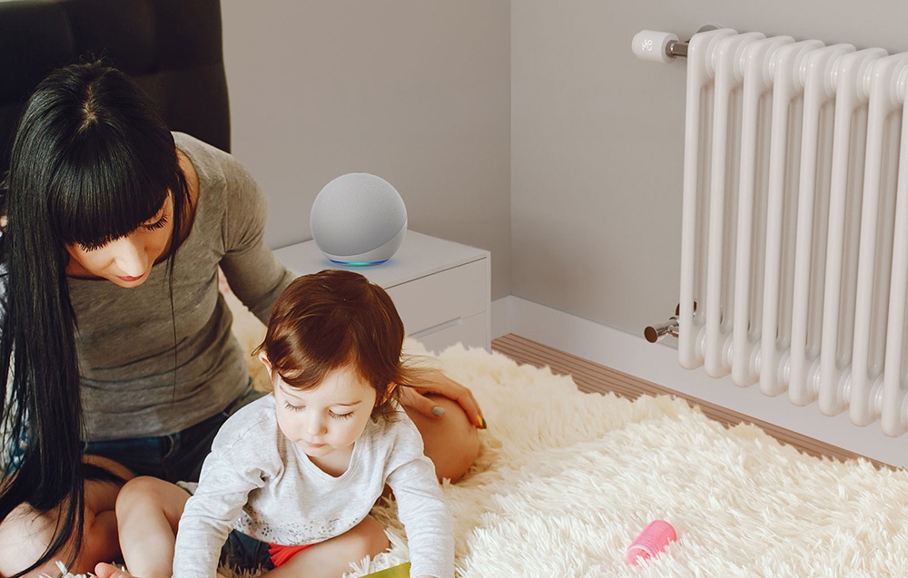 A woman playing with a child on the carpet; behind them, a voice assistant on a small table