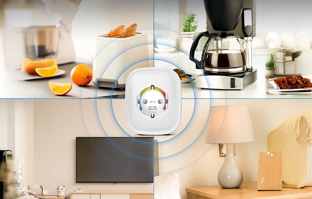 Smart electrical outlet shown in the center of four home scenes with household appliances such as coffee maker, toaster, mixer and table lamp