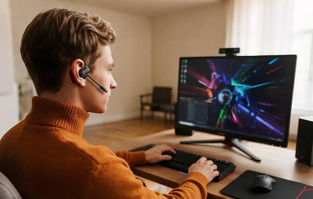 A man playing on a desktop computer, wearing black in-ear headphones with a microphone on the headband
