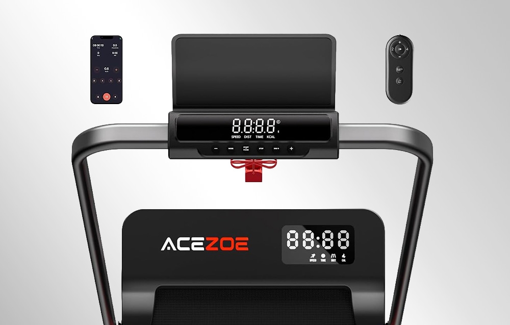 A black ACEZOE treadmill with a display, with a smartphone and remote control visible above it