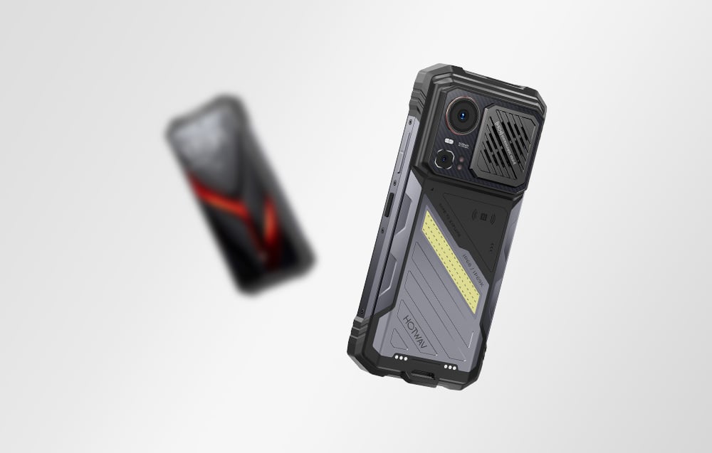 Back of the HOTWAV rugged smartphone in flight, showing the 108 MP camera and large speaker.