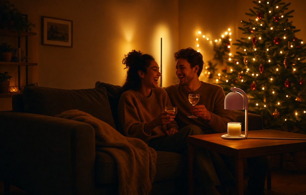 Two smiling people sitting on a sofa with glasses of wine in their hands; next to them on the coffee table stands a candle warmer with a lit candle.