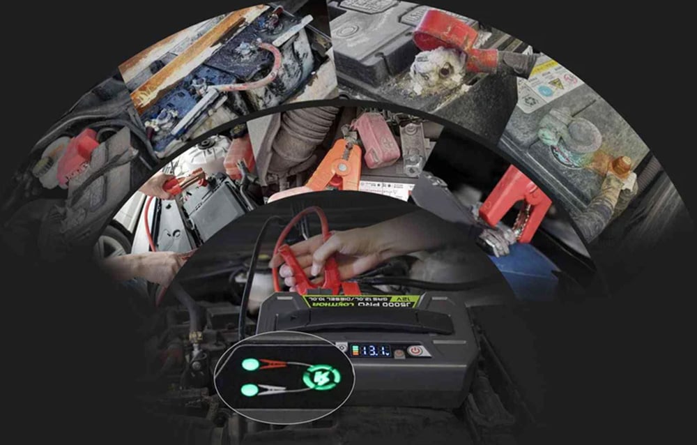 A series of photos showing the device being connected to various vehicle batteries, including heavily soiled ones.