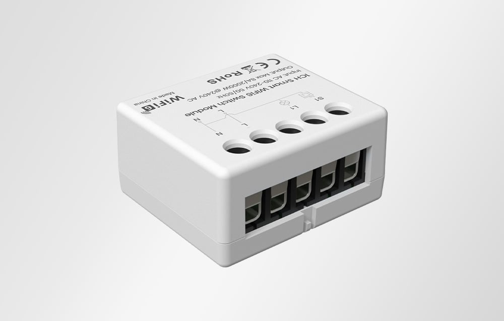 Smart switch module seen from the side, showing connection sockets