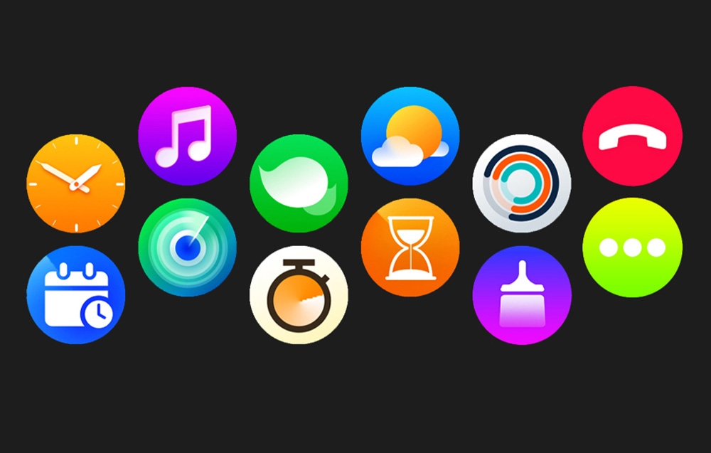 A set of colorful app icons arranged in three rows on a black background