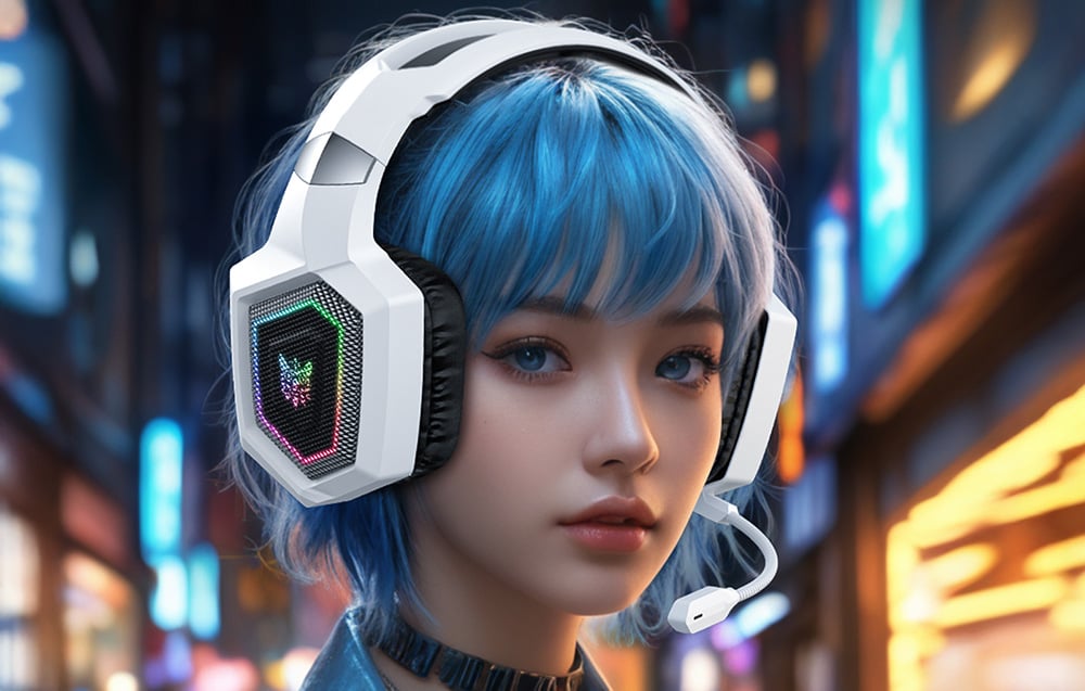 Cartoonish woman with blue hair wearing Onikuma headphones