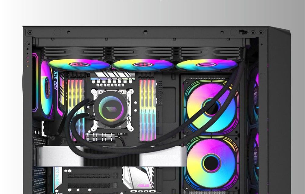 Computer case with RGB backlit fans.
