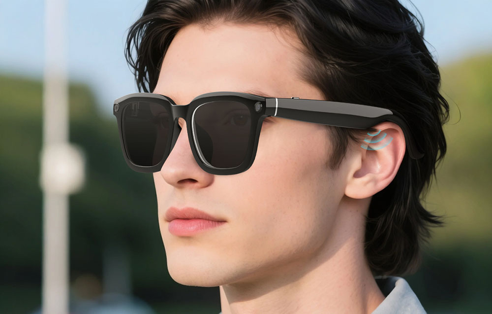 A man in profile wearing black smart glasses with sound waves highlighted near his ear.