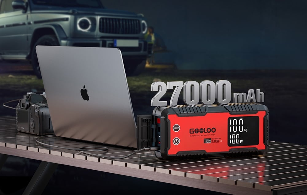 Car jump starter charging a laptop on a table outdoors, with the inscription 27,000 mAh