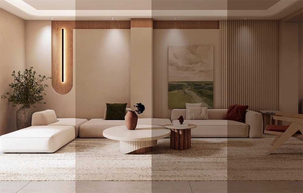 Yeelight Meteor C500 ceiling lamp illuminating the living room with bright sofas and coffee table.