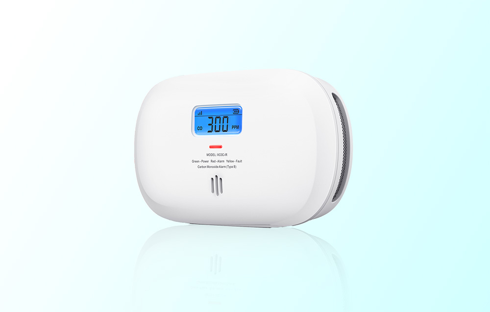 Carbon monoxide detector with LCD display showing CO concentration at 300 PPM