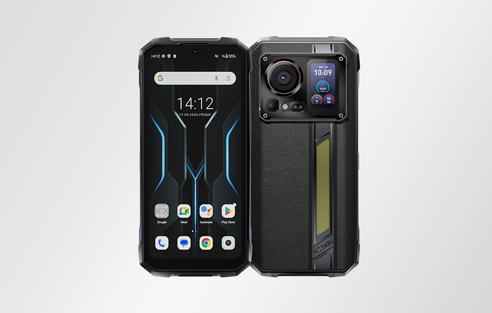 Front and rear view of a black HOTWAV smartphone; Android system visible on the screen, additional display and camera on the back.