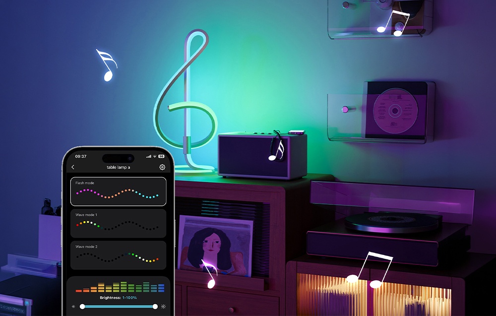A smartphone displaying the brightness settings menu against the backdrop of a room with a turntable, speaker, lamp, and musical note graphics.