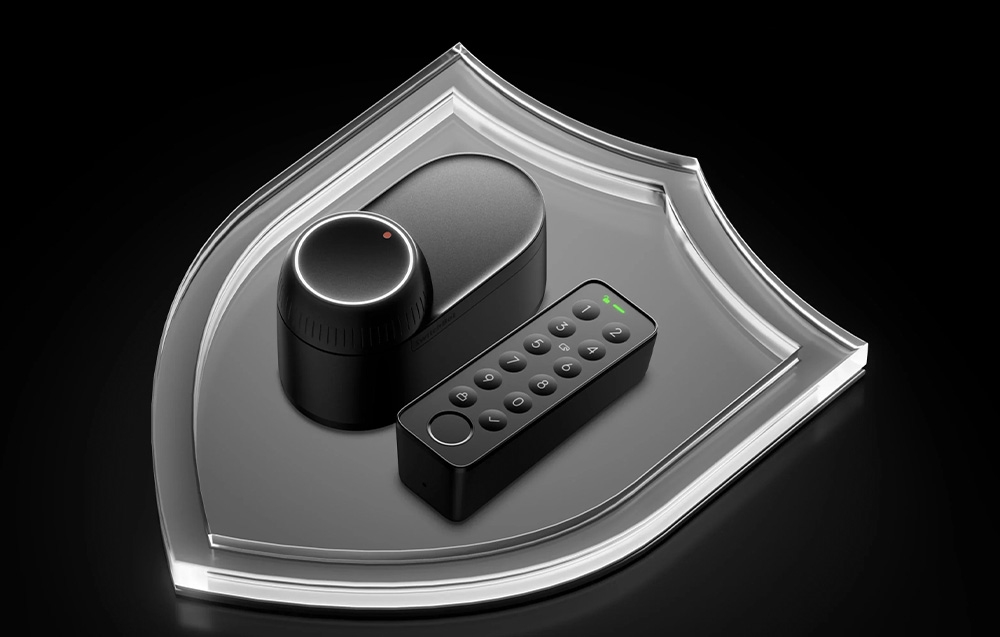 SwitchBot lock and remote control on a transparent shield in the shape of a coat of arms symbolizing security