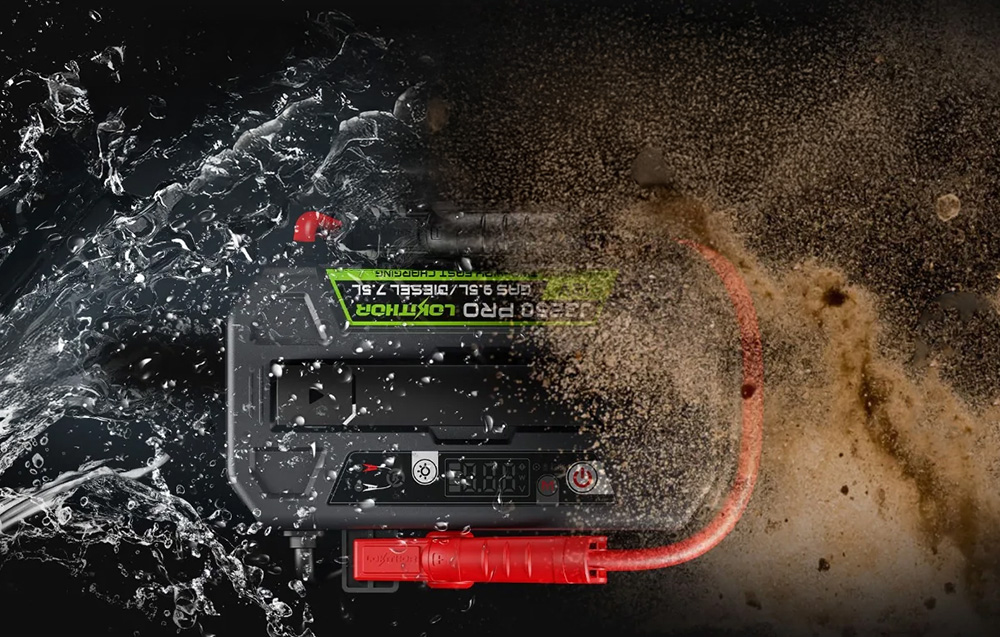 The Lokithor J3250 Pro is water- and dust-resistant—visualization with water splashes and a cloud of sand.