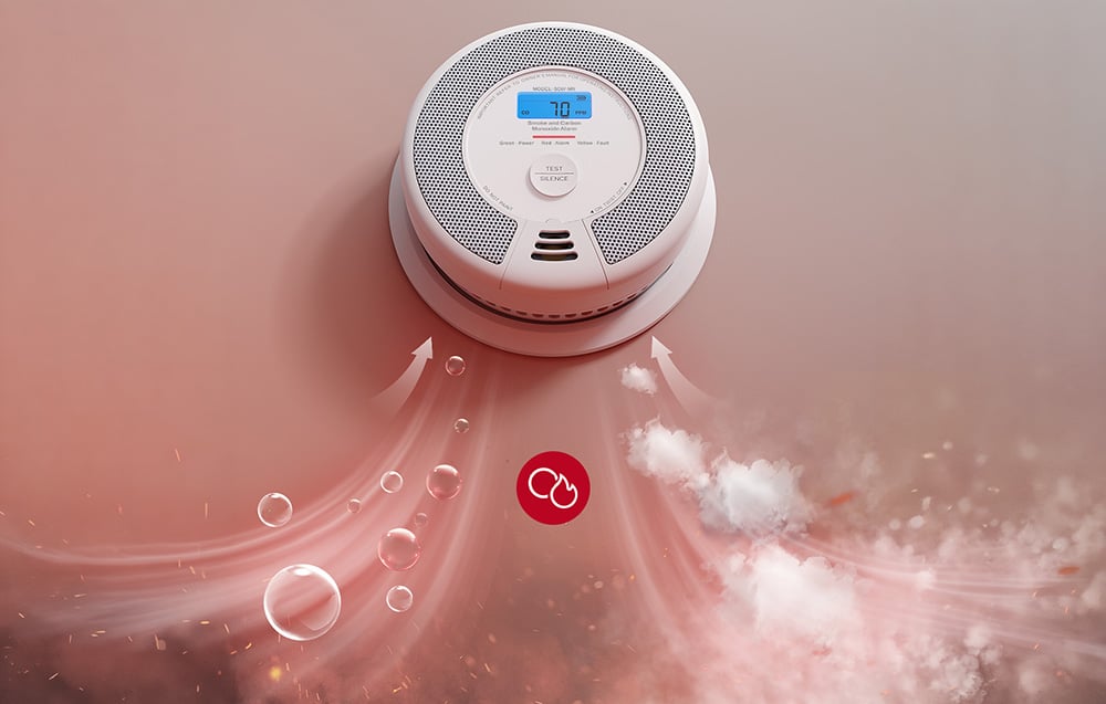 A smoke and carbon monoxide detector with an LCD display, showing a schematic of smoke and odorless carbon monoxide intake