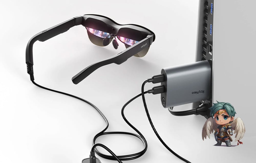 RayNeo AR glasses connected to a desktop computer via a RayNeo HDMI adapter, with a game character displayed.