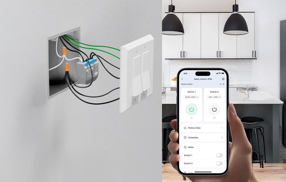 SwitchBot in-wall installation with view of wiring and mobile app to control two switches