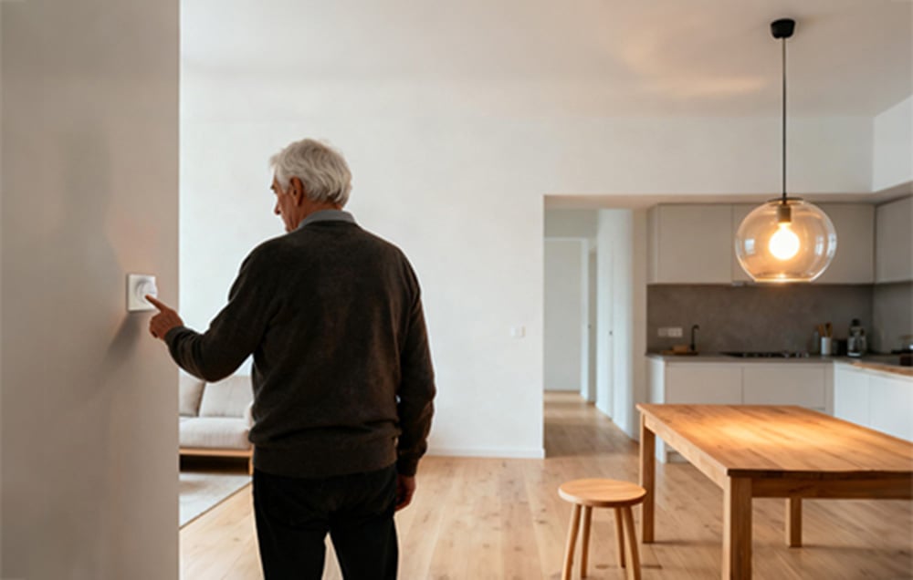 A man turns on the light in the kitchen with a smart button