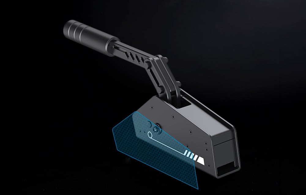 Top view of the black PXN handbrake with blue nanotech graphics on the side housing