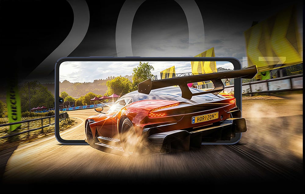 Racing car driving into the enlarged screen of a Hotwav smartphone