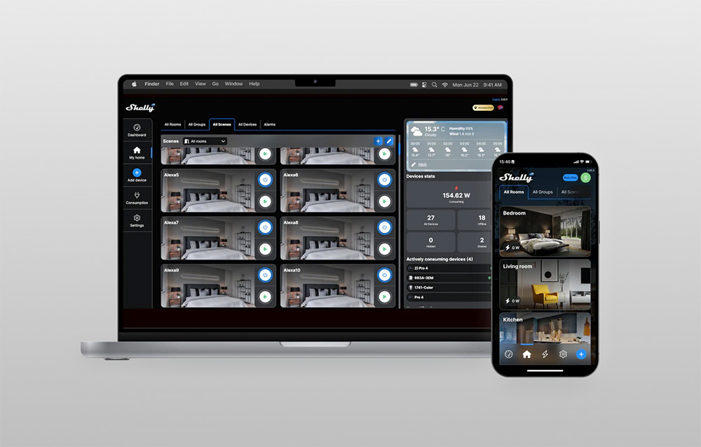 Laptop and smartphone with the Shelly app open, showing the interface for managing smart home devices and scenes