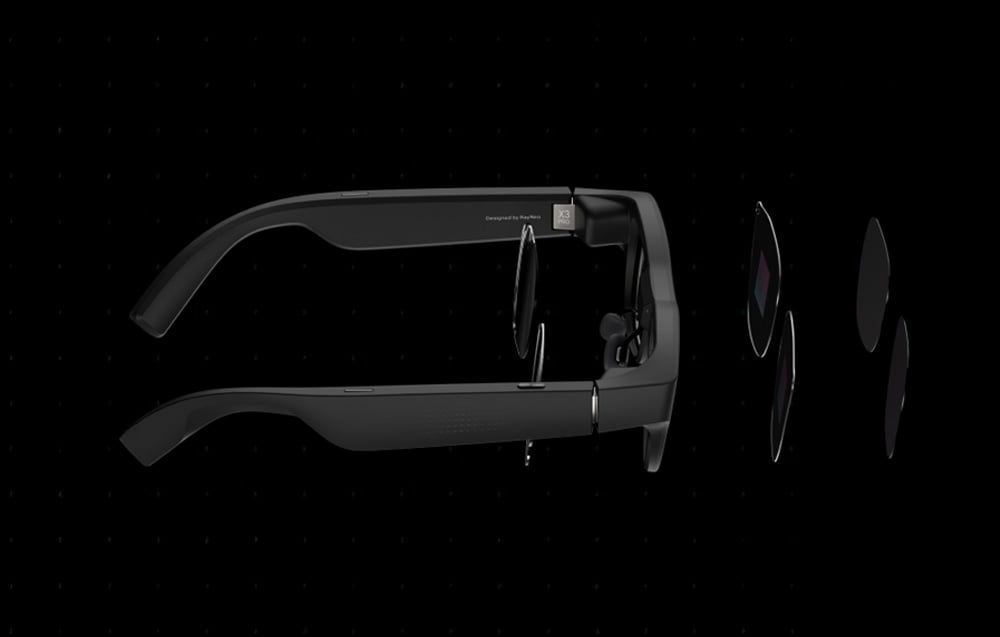 An unfolded technical view of the AR glasses showing their internal components and lenses.