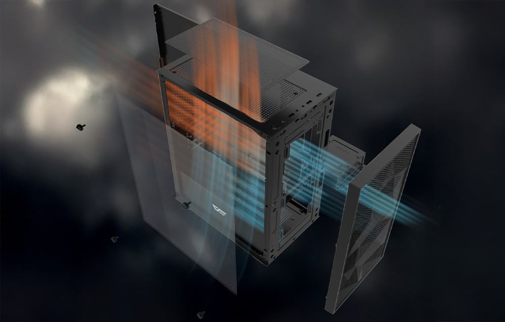 Visualization of the Darkflash M305 Mesh computer case disassembled.