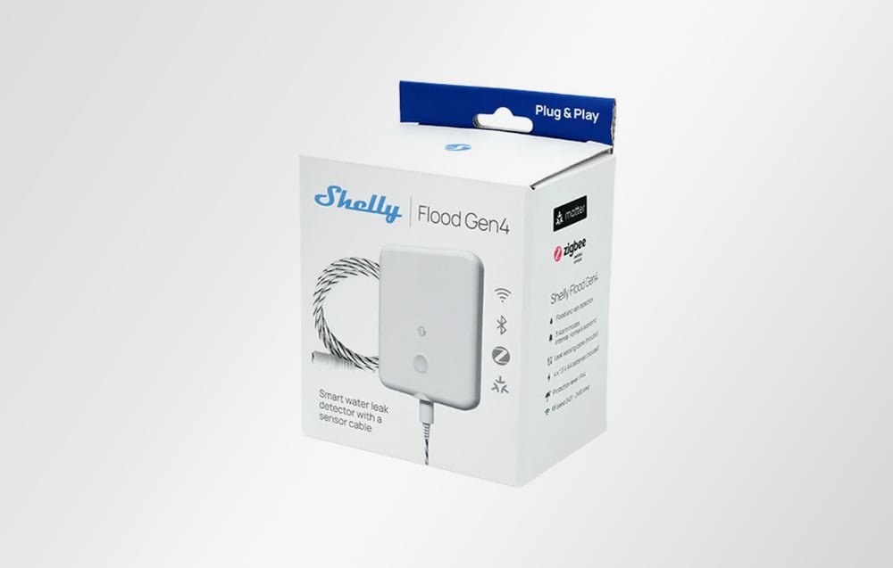 Shelly Flood Gen4 device packaging with illustration of flooding sensor and cable