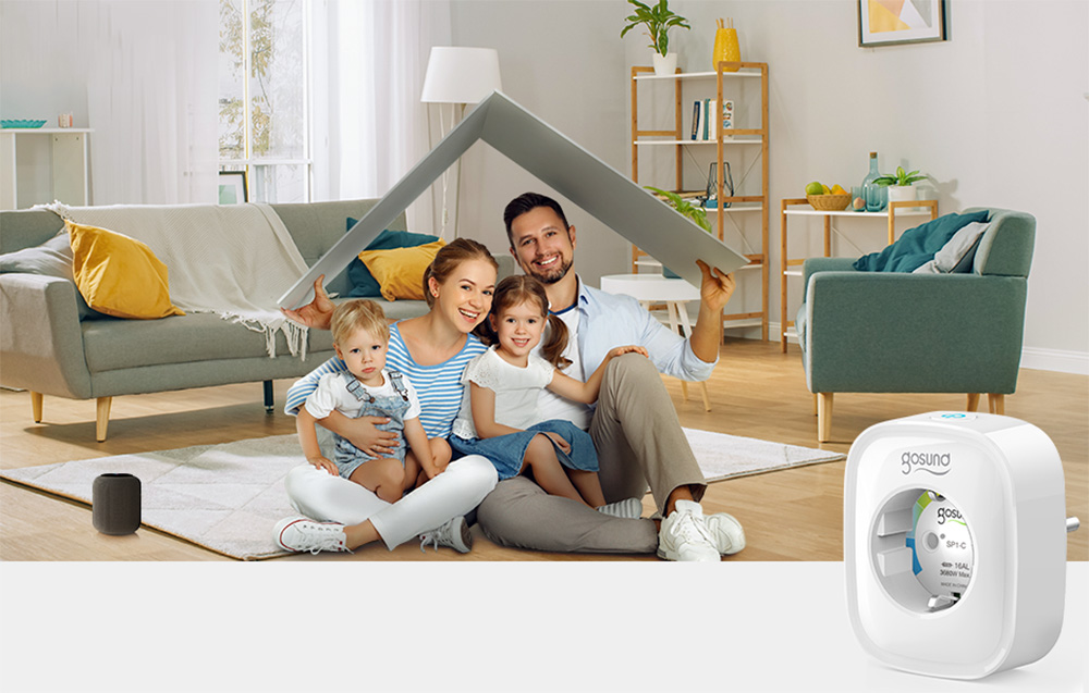 A smiling family with two children sits on the living room floor, holding a blanket canopy over them, with a Gosund-branded smart outlet visible next to them